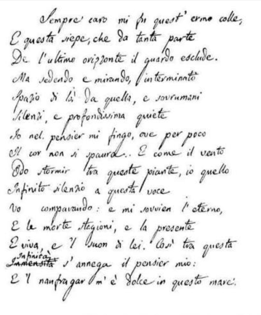 Handwritten copy of Giacomo Leopardi's poem L'infinito kept at Salto del Corvo