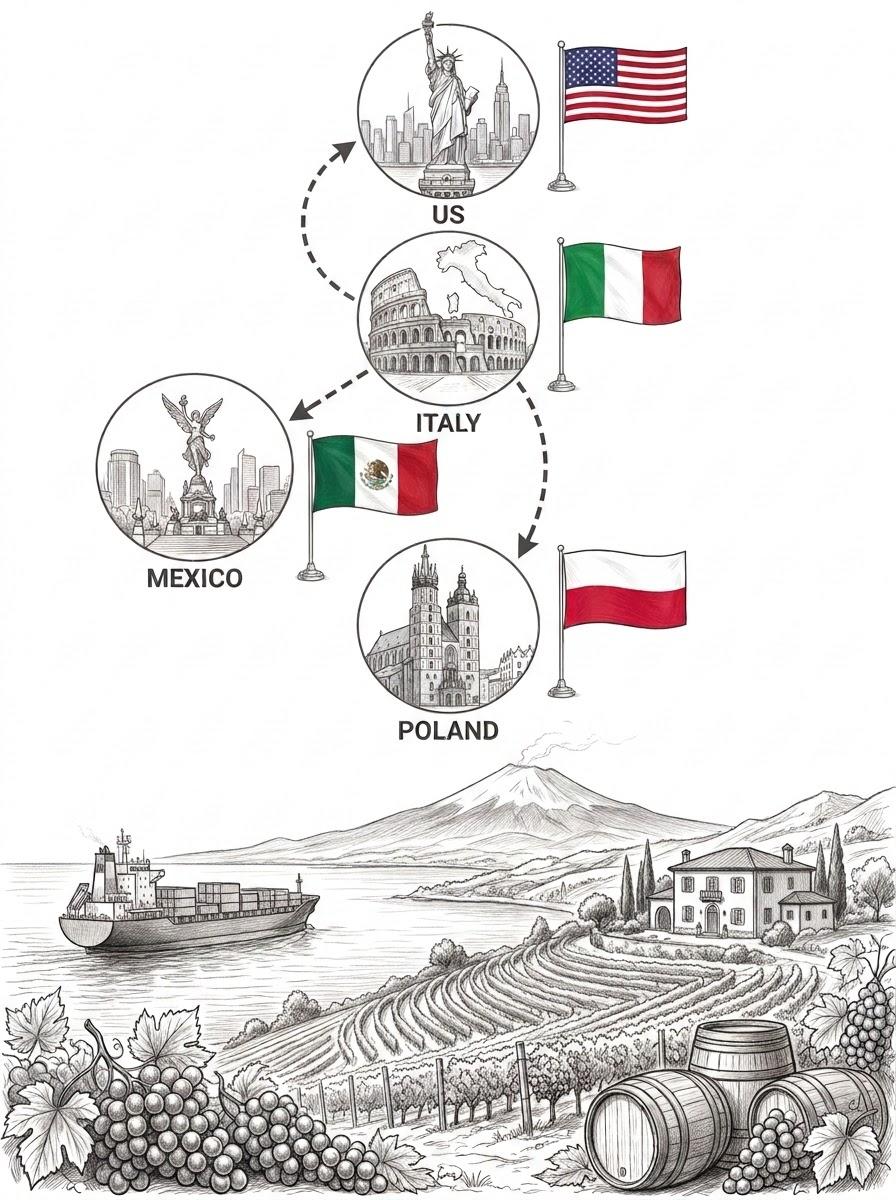 Diagram showing wine exports flowing from Italy to Mexico, the United States and Poland