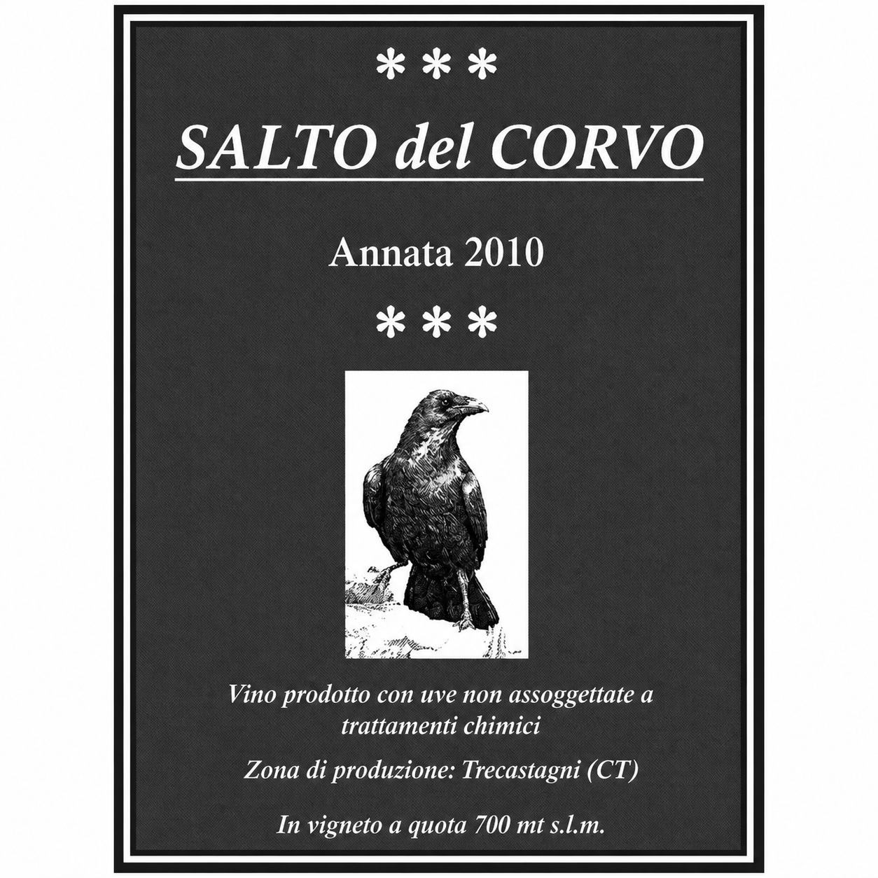 Original Salto del Corvo wine label, 2010 vintage, Trecastagni
