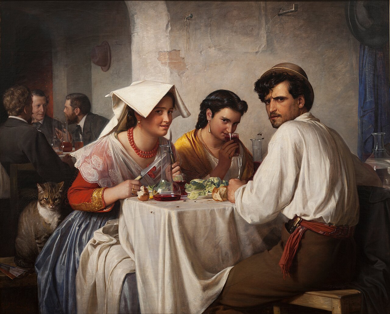 Carl Bloch, In a Roman Osteria (1866) — figures sharing wine at a table
